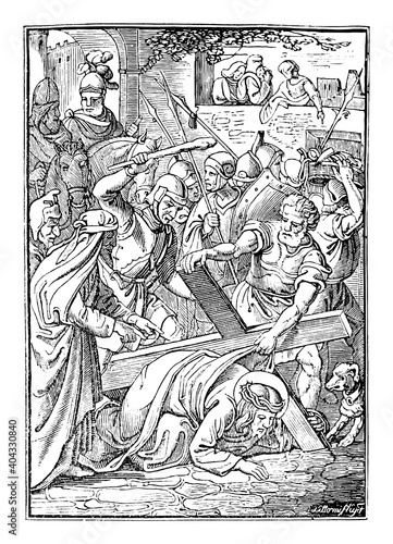 7th or seventh Station of the Cross or Way of the Cross or Via Crucis. Jesus falls for second time.Bible,New Testament. Antique vintage biblical religious engraving or drawing.