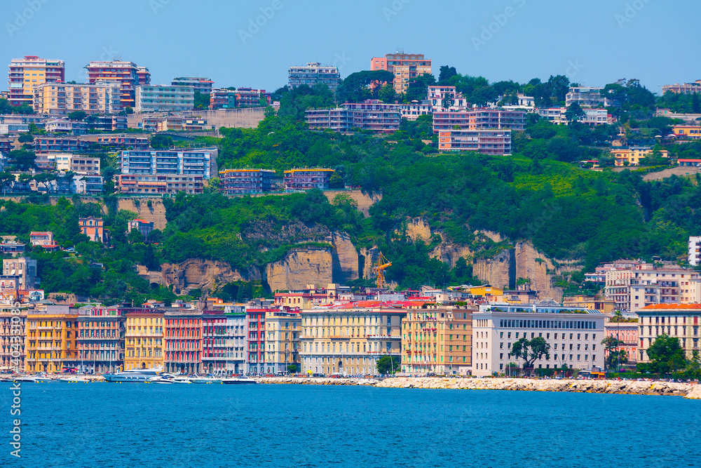 Mediterranean landscape. Sea view of the Gulf of Naples. Cityscape of Naples, view of Mergellina district. The province of Campania. Italy.