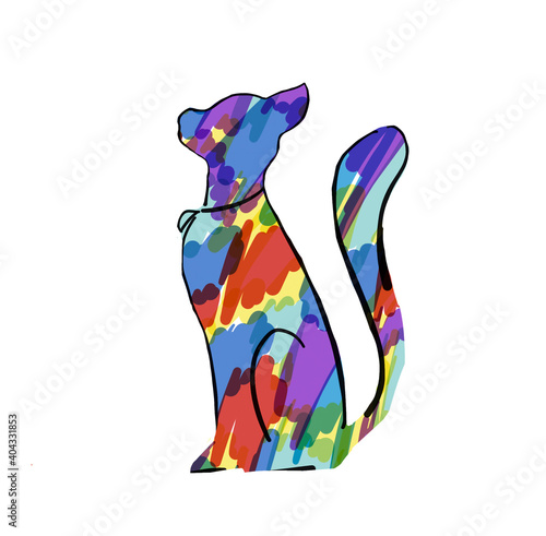 Silhouette of a cat on a white background. Elegant profile of a cat with a multicolored body on a white background. Print on a T-shirt, picture on the wall..