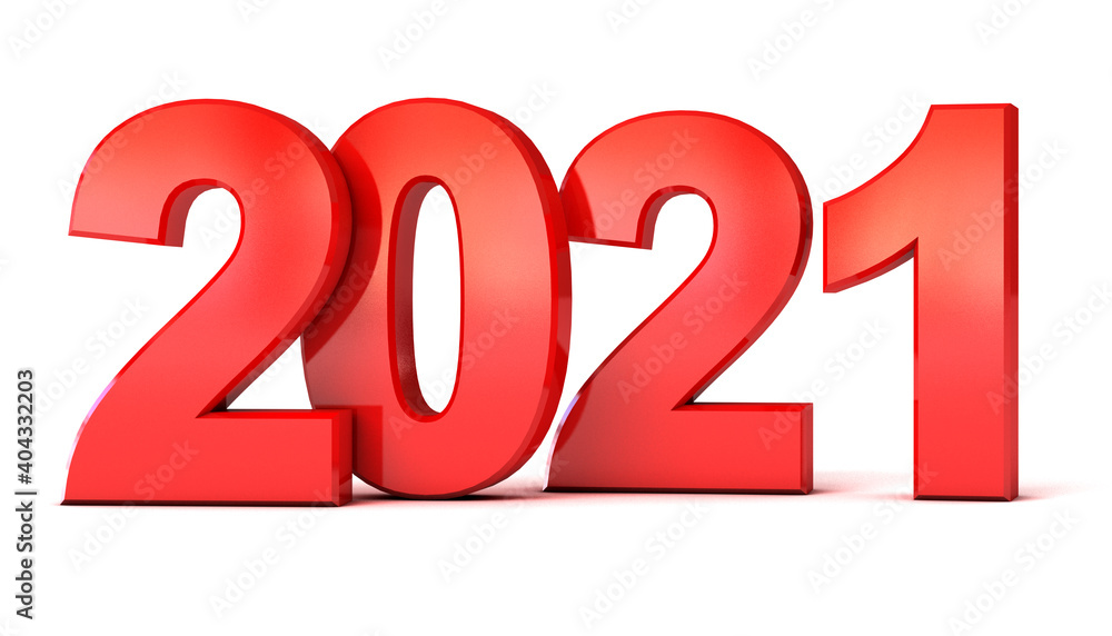 Red new year 2021. Conceptual illustration. Isolated on white background. 3d render Red new year 2021. Conceptual illustration. Isolated on white background. 3d render