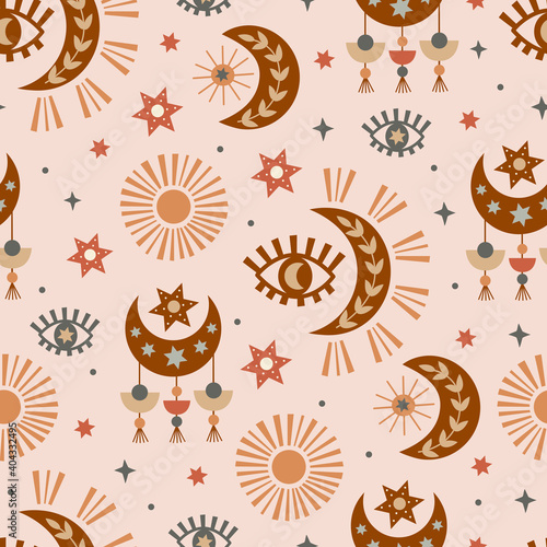seamless pattern with  celestial eye, moon, sun
