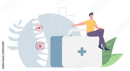 Tiny Male Character Sitting on Huge Medic Box Pointing on Sore Human Spine with Backache or Lumbago Inflammation