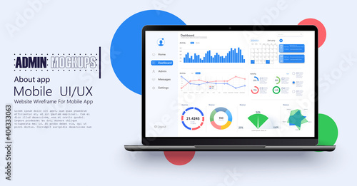 Laptop showing charts and graph, analysis business accounting, statistics concept. Digital marketing, business analysis. Data growth diagram. Business website modern ui, ux, kit. Vector illustration