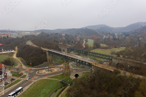 Biatorbágy, Hungary - Aerial view of the famous Viaduct of Biatorbágy on a foggy winter day.