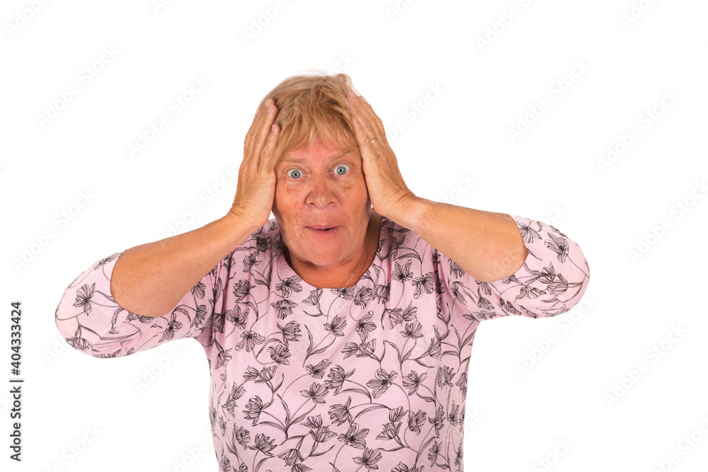 Portrait surprised senior woman on white background Portrait surprised senior woman on white background