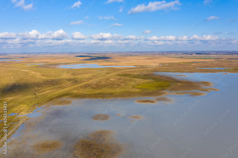 Aerial view of beautiful sodic lakes at Kiskunság National Park, Fülöpszállás Hungary. Hungarian name is Kelemen-szék. This area is the second largest saline steppe of the Hungarian Great Plain.