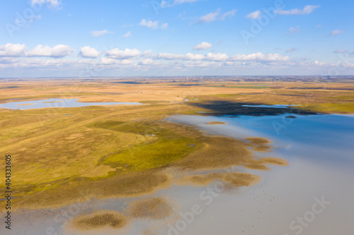Aerial view of beautiful sodic lakes at Kiskunság National Park, Fülöpszállás Hungary. Hungarian name is Kelemen-szék. This area is the second largest saline steppe of the Hungarian Great Plain.