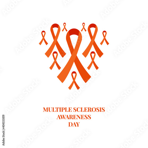 Multiple sclerosis awareness poster with a heart made of ribbons on white background. Orange bows for support and solidarity concept. Medical concept. Vector illustration.