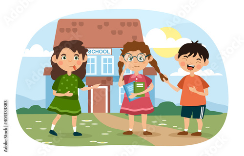 Nerdy or scholastic little girl wearing glasses being bullied at school by a nasty boy and girl jeering at her, colored cartoon vector illustration