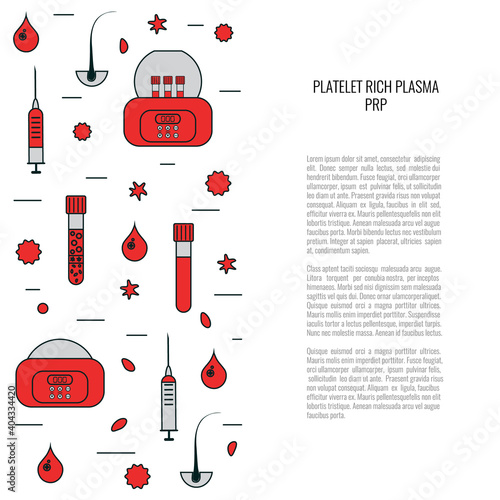 PRP treatment design banner for hair clinics and diagnostic centers. Platelet rich plasma blood test tubes and laboratory centrifuge. Diagnosis and transplantation concept. Vector illustartion.