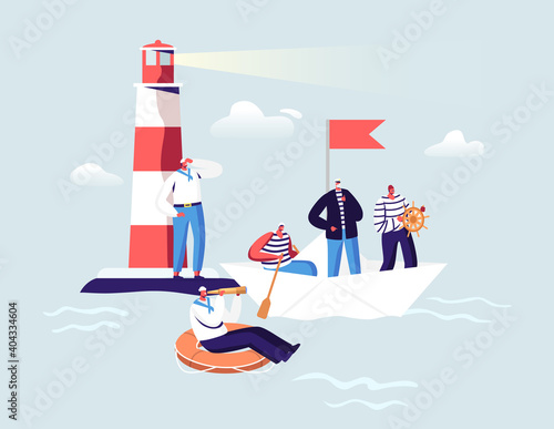 Maritime Sailors Concept. Ship Crew Male Characters in Uniform at Beacon in Ocean. Captain, Sailors on Paper Boat
