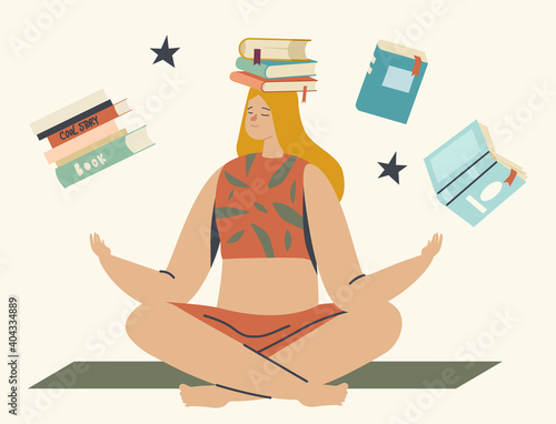 Education, Reading Hobby Concept. Woman Sit on Floor in Yoga Pose with Book Above Head. Student Prepare to Exam