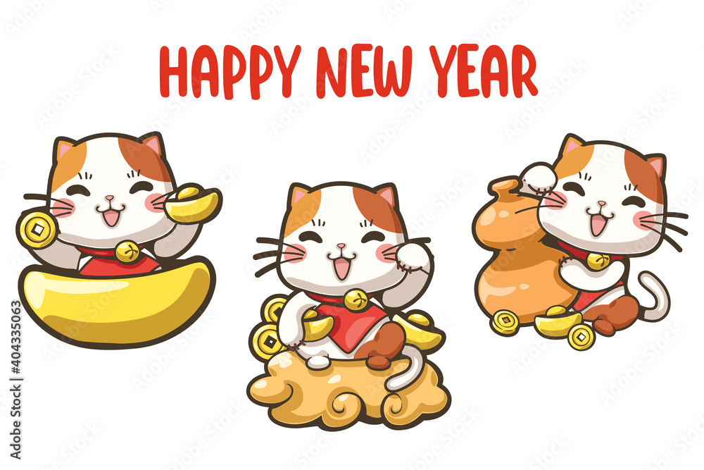 Fototapeta premium Vector cartoon illustration of lucky cat. Cartoon characters about lucky things. This cute illustration design can be used as decoration for both print and digital media as well.
