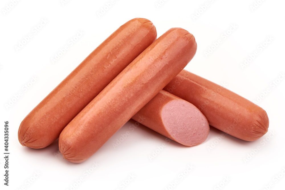 Boiled pork sausages, isolated on white background Boiled pork sausages, isolated on white background