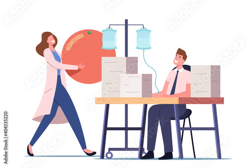 Vitamins Dripping, Iv Therapy Concept. Office Worker Male Character Sit at Workplace Apply Natural Nutrients via Dropper