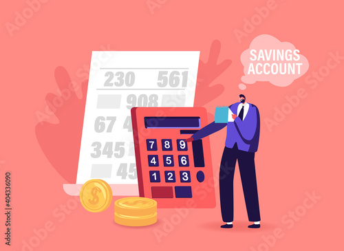 Savings Account, Financial Success Concept. Man Collecting and Saving Money. Tiny Character with Calculator and Coins