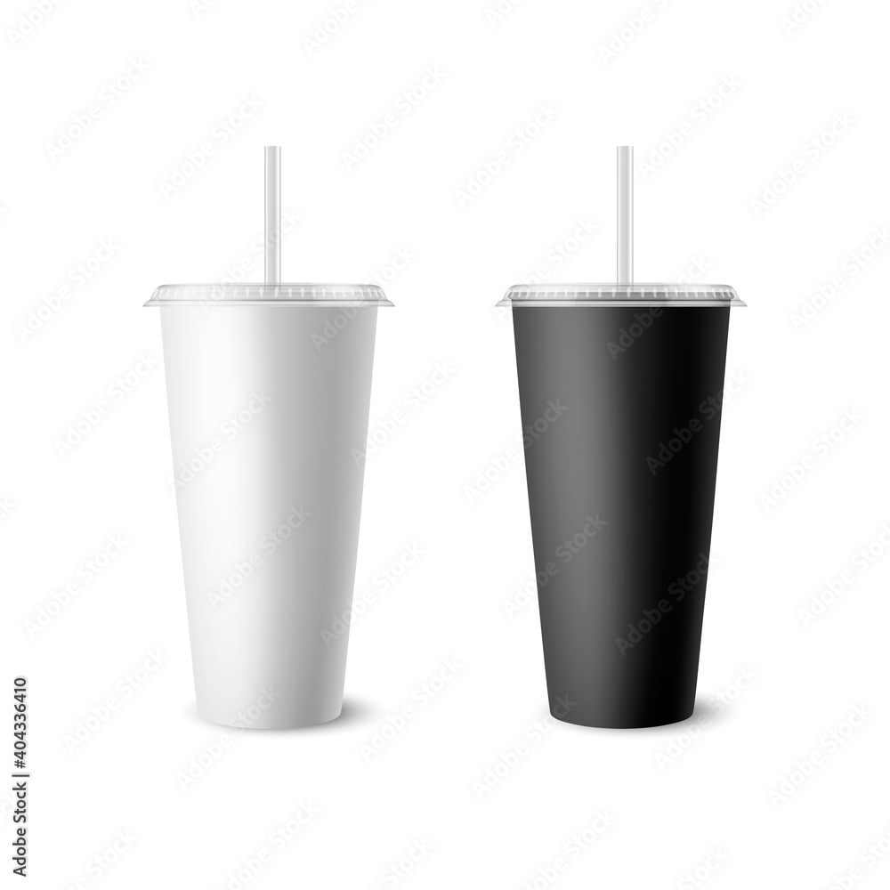 Vector 3d Realistic White, Black Paper Disposable Cup Set with Lid, Straw for Beverage, Drinks Isolated. Coffee, Soda, Tea, Cocktail, Milkshake. Design Template of Packaging for Mockup. Front View Vector 3d Realistic White, Black Paper Disposable Cup Set with Lid, Straw for Beverage, Drinks Isolated. Coffee, Soda, Tea, Cocktail, Milkshake. Design Template of Packaging for Mockup. Front View