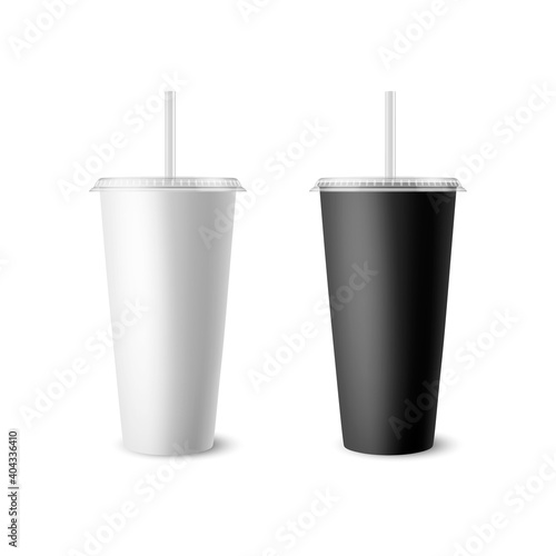 Vector 3d Realistic White, Black Paper Disposable Cup Set with Lid, Straw for Beverage, Drinks Isolated. Coffee, Soda, Tea, Cocktail, Milkshake. Design Template of Packaging for Mockup. Front View