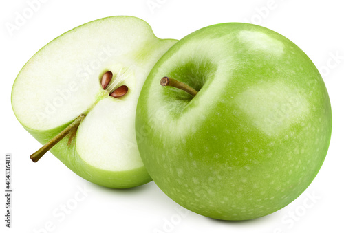 Green apple and half. Fresh organic apple isolated on white background. Apple with clipping path