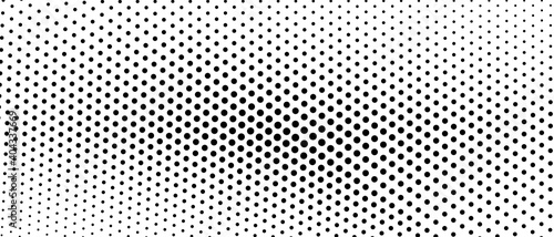 Black and white halftone concept. Vector spotted monochrome pattern. Dotted curved lines. Asymmetrical bw background. Abstract digital graphic. Technology design. Optical illusion. EPS10 illustration