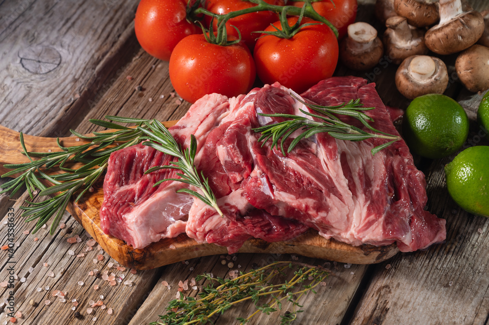 steak, beef, meat, board, butcher, fillet, red, uncooked, food, fresh, raw, pepper, preparation, cooking, rosemary, seasoning, cut, salt, spice, ingredient, eye, protein, rib, sirloin, space, barbecue