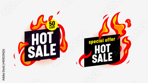 Hot Sale Banners with Burning Fire and Typography for Social Media Marketing. Special Offer for Shop or Discounter
