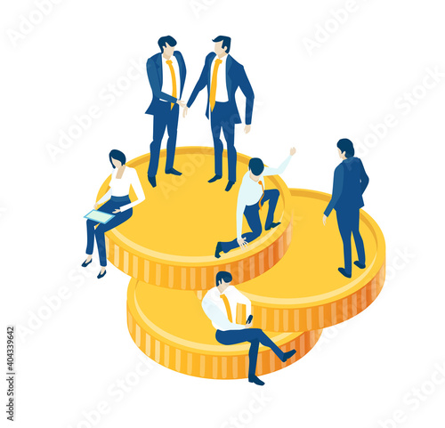 Isometric 3D business environment with business people handshaking, sitting at coins, work and communicate. Success, agreement, data protection, earnings infographic illustration. 