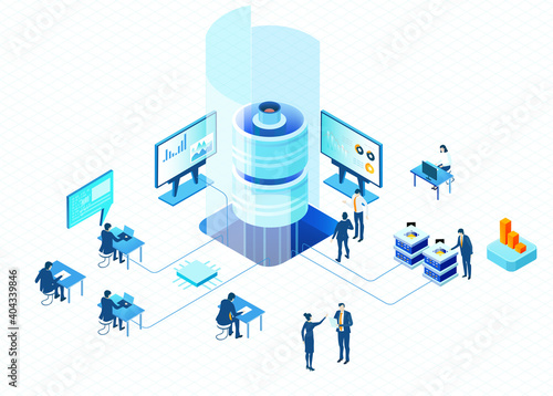 Isometric 3D business environment with business people working and communicating in server room. Technology, success, internet, data protection and personal security concept infographic illustration. 