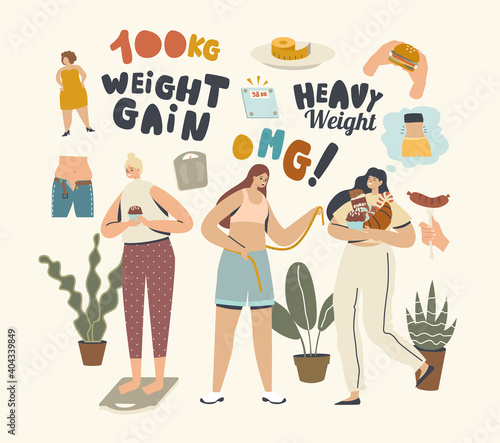 No Diet Concept. Female Characters Weight Gain. Women Eat Heavy Meals and Fastfood Enjoying Unhealthy Eating