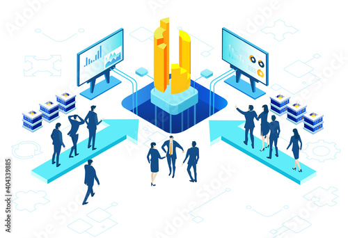 Isometric 3D business environment with business people having seminar, meeting next to growth charts and bars. Success, internet, data protection, security, investments infographic illustration. 