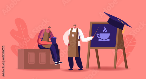 Male Character Study Making Coffee at Barista School Concept. Teacher in Uniform Demonstrate Coffee Brewing Methods