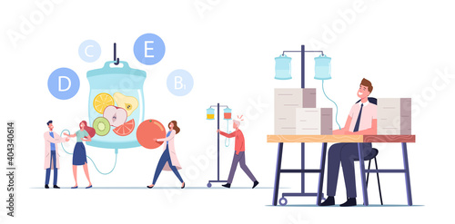 Vitamins Dripping, Iv Therapy Concept. Characters Applying Intravenous Infusion Various Natural Nutrients via Droppers