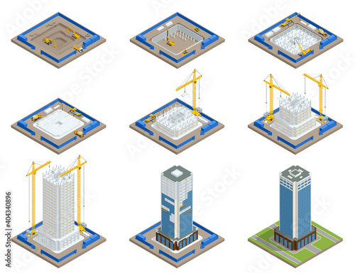 Isometric Skyscraper construction process. Building crane, multi-storey building under construction.