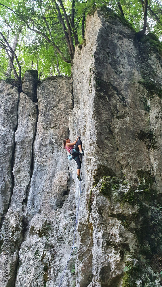 VERTICAL: Female tourist rock climbing in quiet woods on a sunny summer day. VERTICAL: Female tourist rock climbing in quiet woods on a sunny summer day.