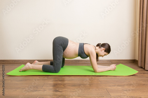 Portrait of young pregnant yoga model working at the home. Pregnancy Yoga and Fitness concept at coronavirus time