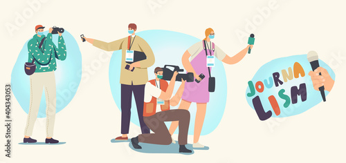 Journalism Profession Icons Set. Journalists and Cameraman Male and Female Characters with Professional Equipment Microphones