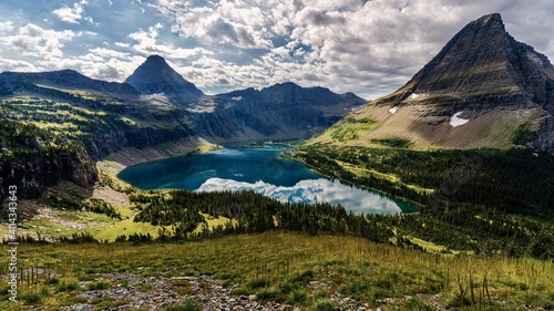A view of Hidden Lake and Bearhat Mountain in Glacier National Park, Montana, USA photo
