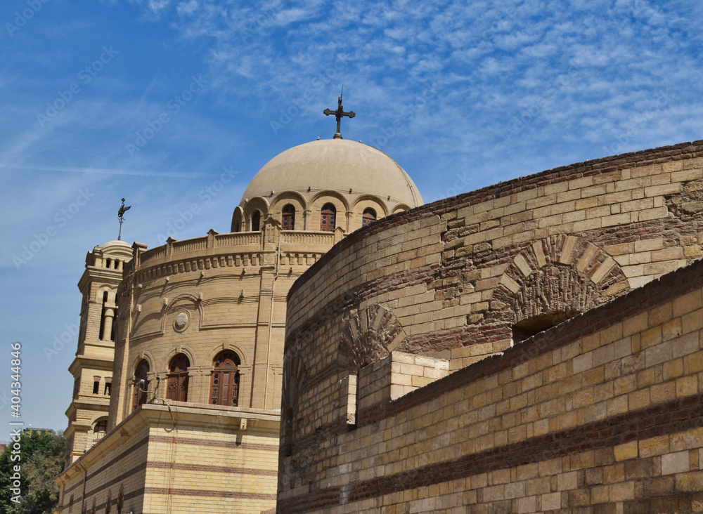 Detail View of Egyptian Church and Wall with Blue Sky