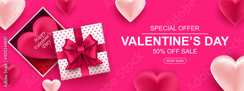 Valentines day sale web banner. Realistic gift box with bow and heart. Banner for holiday poster, greeting cards, header, landing page, website, online shop, commerce, marketing. Vector illustration.