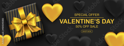 Valentines day sale web banner. Realistic gift box with golden bow and heart. Banner for holiday poster, greeting cards, header, landing page, website, online shop, commerce. Vector illustration.