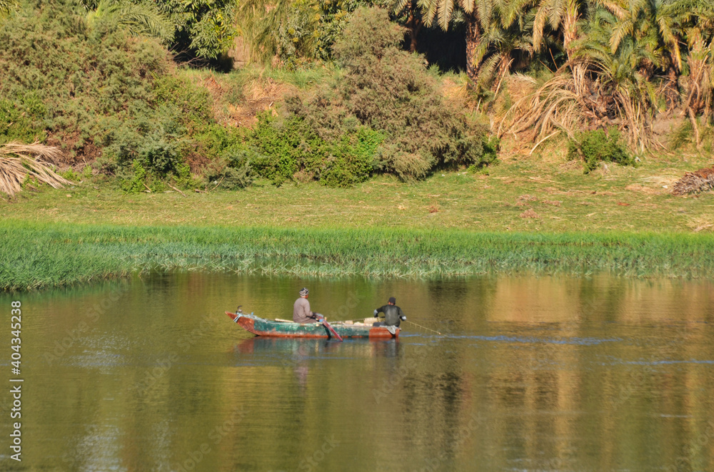 Back View of Fishermen Fishing in Row Boat on Nile River with Native Plants