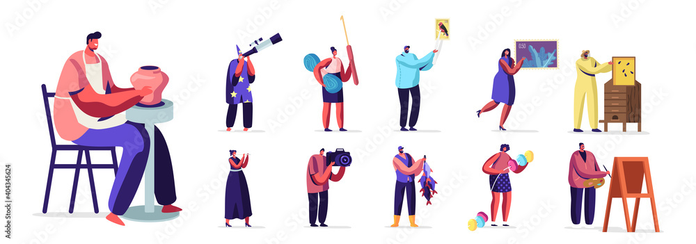 Set of People with Different Hobby. Male and Female Characters with Telescope, Postal Stamps, Knitting Tools, Apiary Set of People with Different Hobby. Male and Female Characters with Telescope, Postal Stamps, Knitting Tools, Apiary