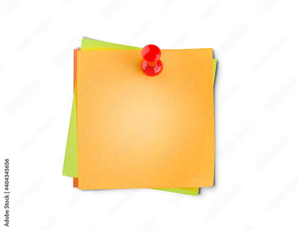 multicolored stickers on the thumbtack. isolated white background multicolored stickers on the thumbtack. isolated white background