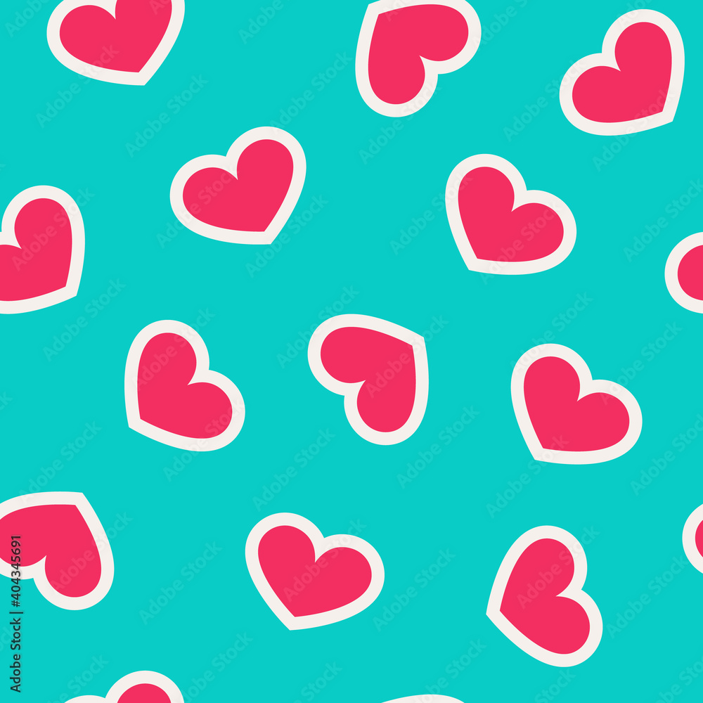 Green seamless pattern Valentine's Day with pink hearts. Valentine endless ornament with beautiful stickers - hearts. Concept of love and Valentines day.