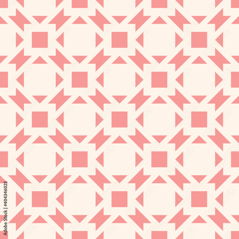 Vector geometric ornament. Abstract seamless pattern with squares, diamonds, triangles, grid, net. Background in pink and white color. Simple mosaic texture. Repeat design for decor, textile, fabric Vector geometric ornament. Abstract seamless pattern with squares, diamonds, triangles, grid, net. Background in pink and white color. Simple mosaic texture. Repeat design for decor, textile, fabric