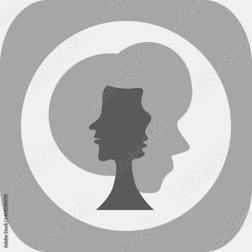 Optical illusion. Three human faces in silhouette. Colorless vector illustration. 