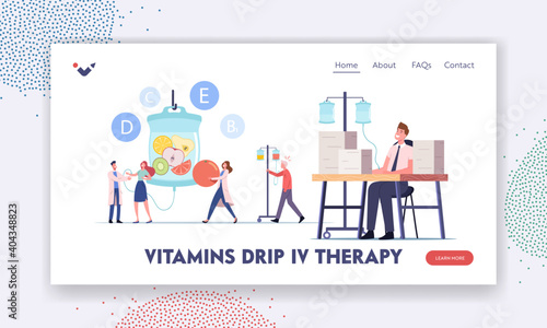 Vitamins Dripping, Iv Therapy Landing Page Template. Characters Applying Intravenous Infusion of Nutrients via Droppers