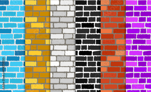 Realistic different color brick textures collection. Brick wall seamless background. Set of Texture. Vector illustration
