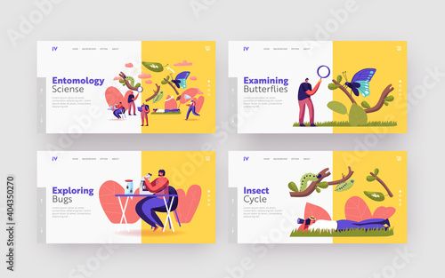Entomology Hobby Landing Page Template Set. Entomologists Scientists or Amateurs Characters Create Insect Collection