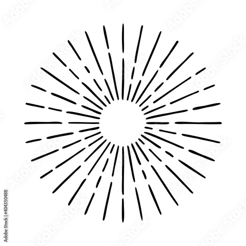 Vector hand drawn illustration of light rays  sunburst. Vintage style element  round frame  isolated on white background.